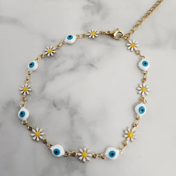 Stainless Steel White Blossom Evil Eye Gold Plated Floral Charm Anklet Bracelet - Picture 14 of 15
